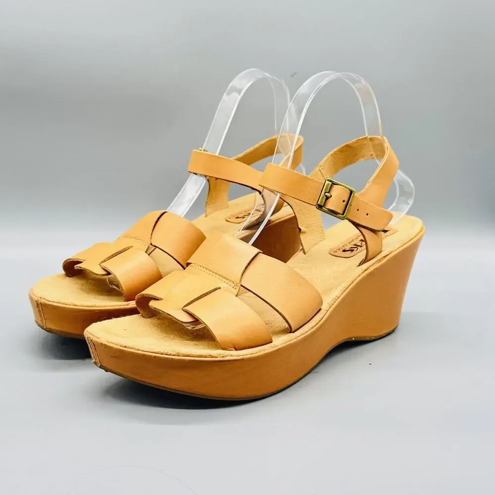 Korks Sandals Womens 10 Brown Leather Strappy Ankle Strap Platform Wedge Shoes